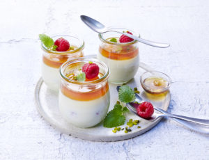 Panna cotta mit Ahornsirup-Gelee und Himbeeren