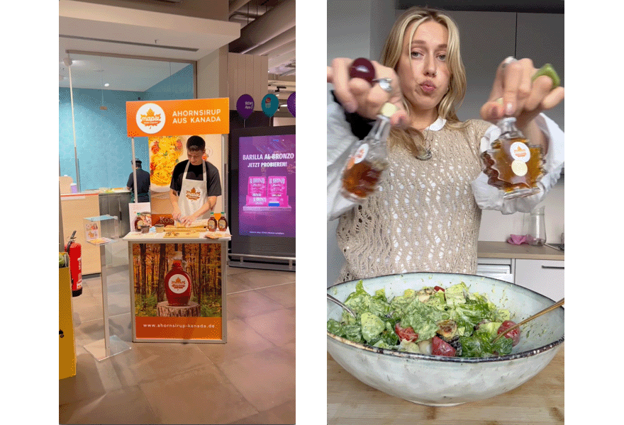 Linkes Bild: Verkostungsstand. Rechtes Bild: Helena bereitet einen Salat mit Ahornsirup zu.