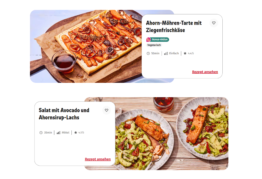 Rezepte auf Landingpage: Ahorn-Möhren-Tarte mit Ziegenfrischkäse und Salat mit Avocado und Ahornsirup-Lachs