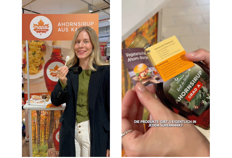 Linkes Bild: Sabrina am Verkostungsstand. Rechtes Bild: Flasche Ahornsirup mit Rezeptkärtchen für Vegetarische Ahorn-Burger