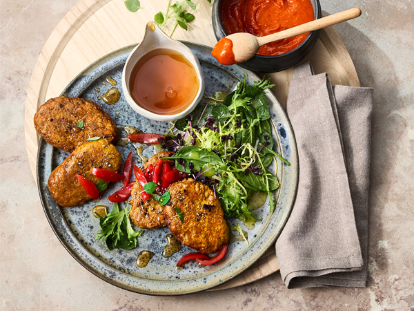 Buchweizen-Hirse-Fritters mit Paprika-Chili-Ahornsirup-Dip
